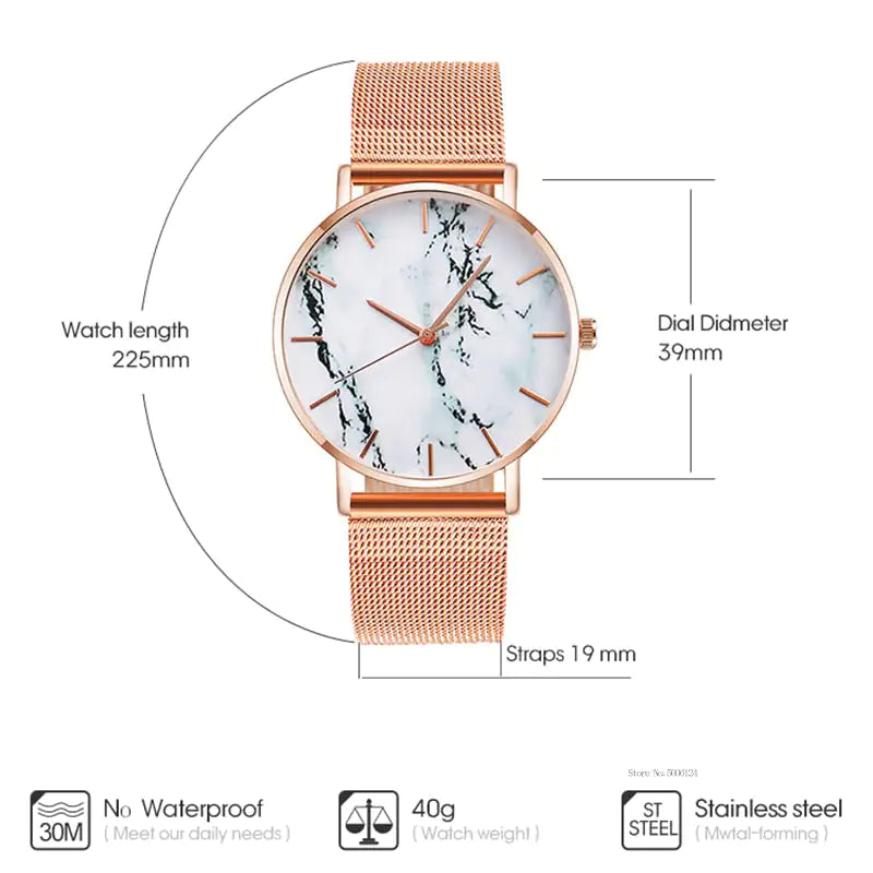 Rose Gold Mesh Band Marble Wrist Watch